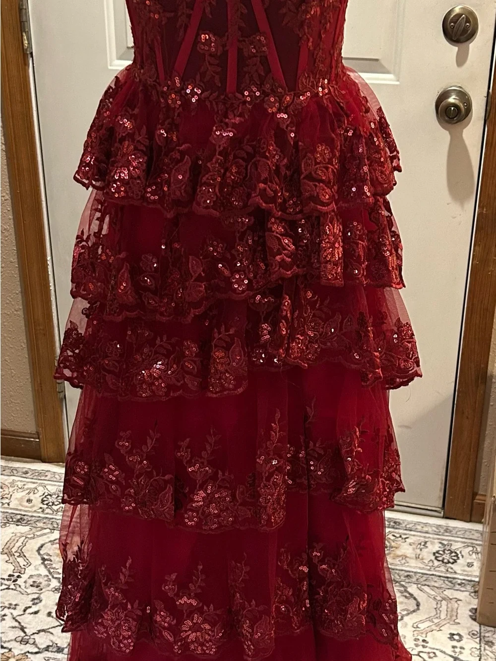 Red Tiered Sequin Lace Special Occasion Dress NWT
